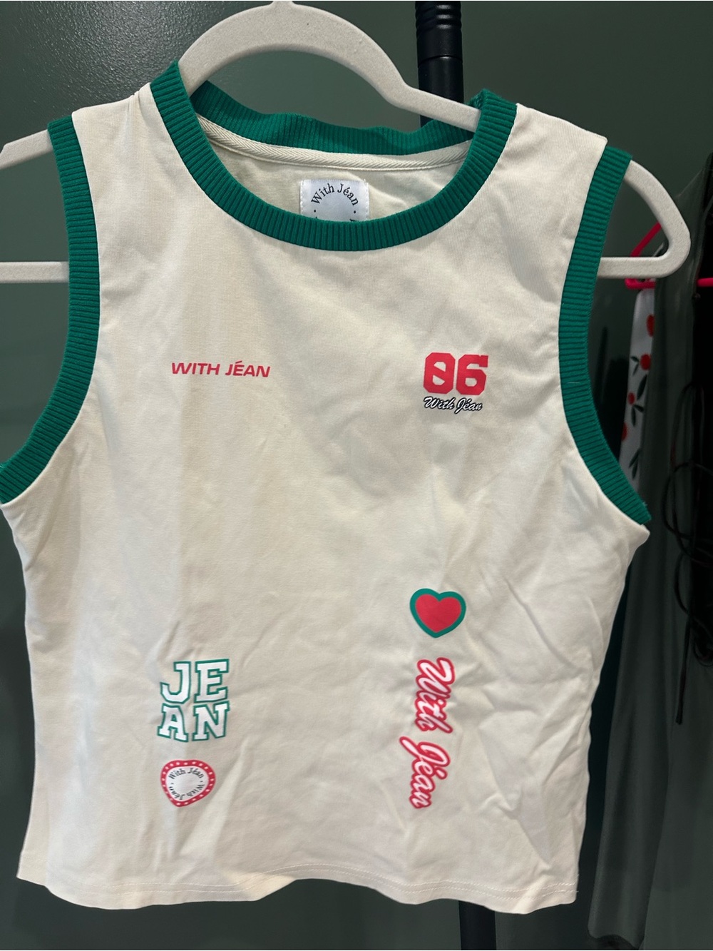 With Jéan Cream Tank Top with Green Trim